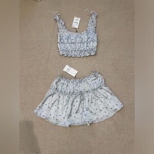 Ruffled Satin Effect Top + Floral Satin Effect Skirt Set WITH TAGS